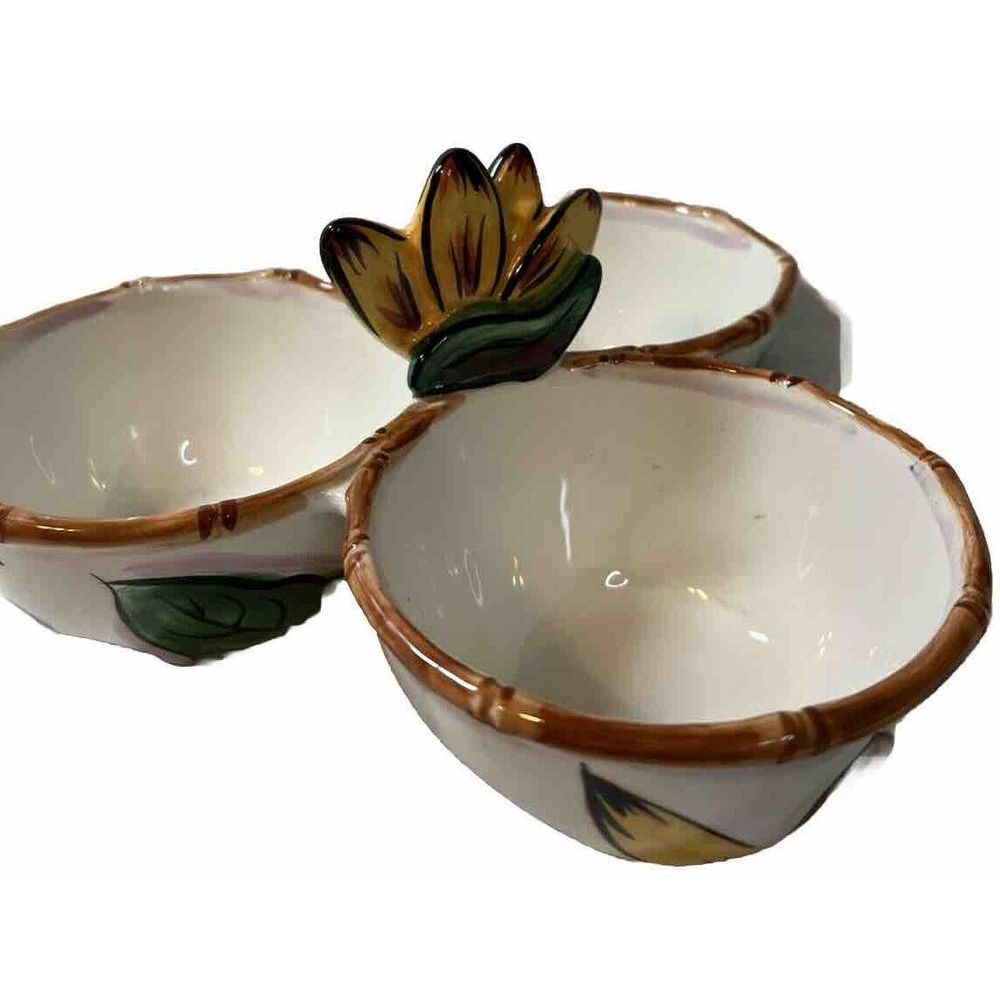Clay‎ Art "Tropical Flowers" 3-Bowl Condiment Dish Divided Server Hand painted